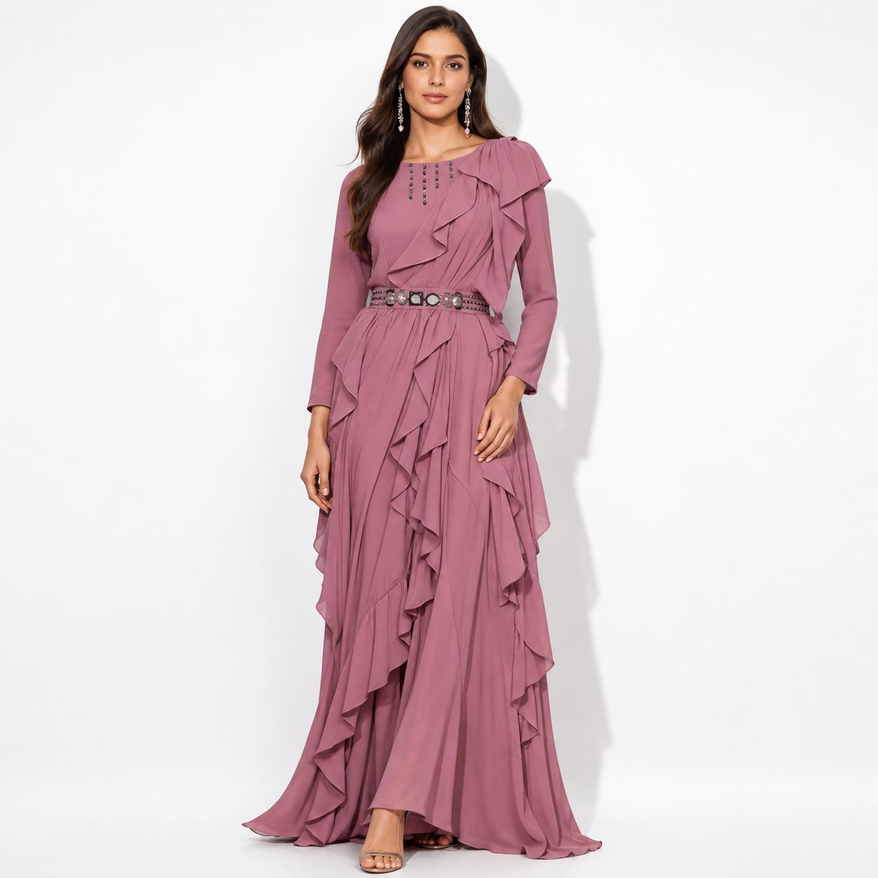 Dusty Rose Ruffle Layered Maxi Gown with Embellished Waist Belt