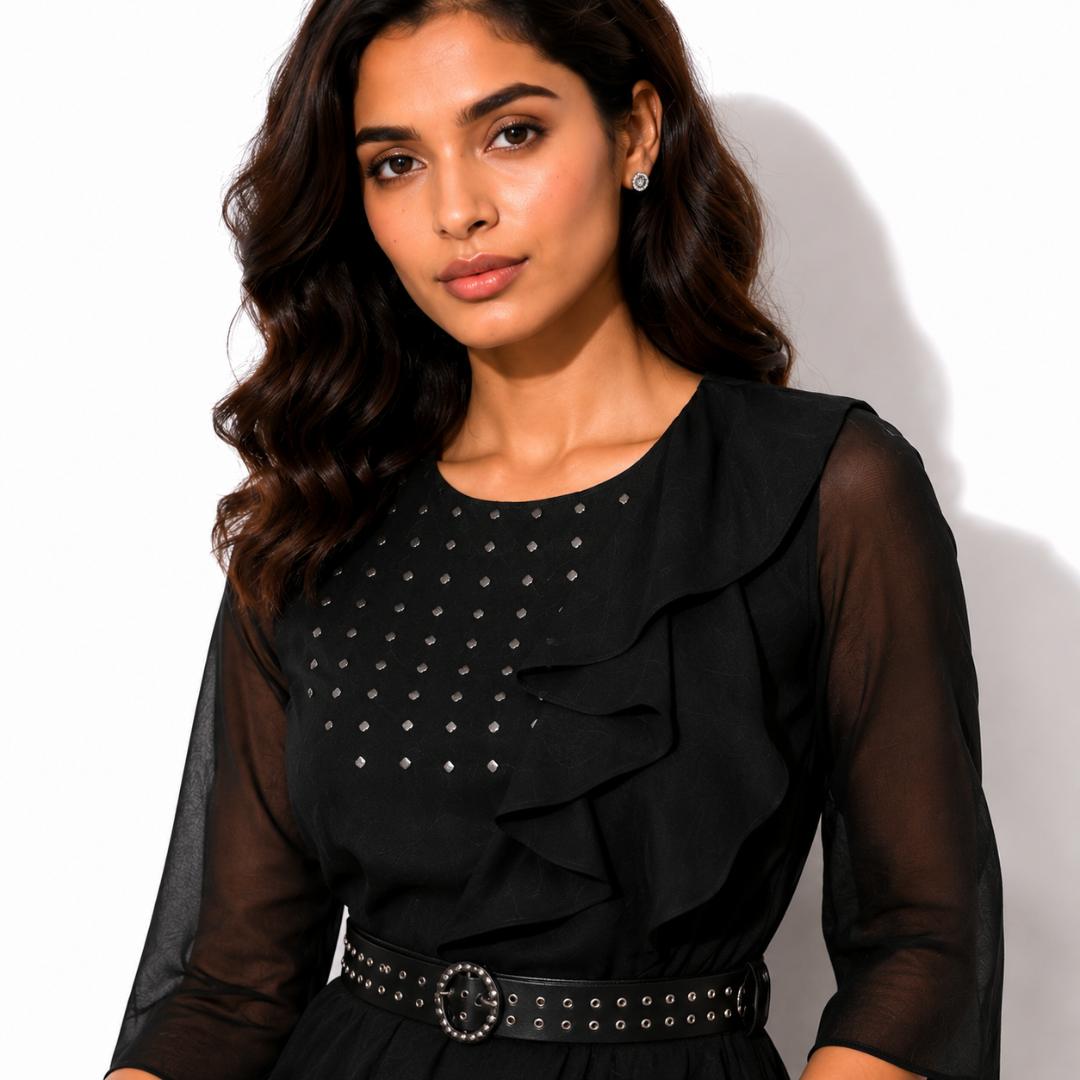 Elegant Black Ruffle Layered Maxi Gown with Studded Bodice and Belt
