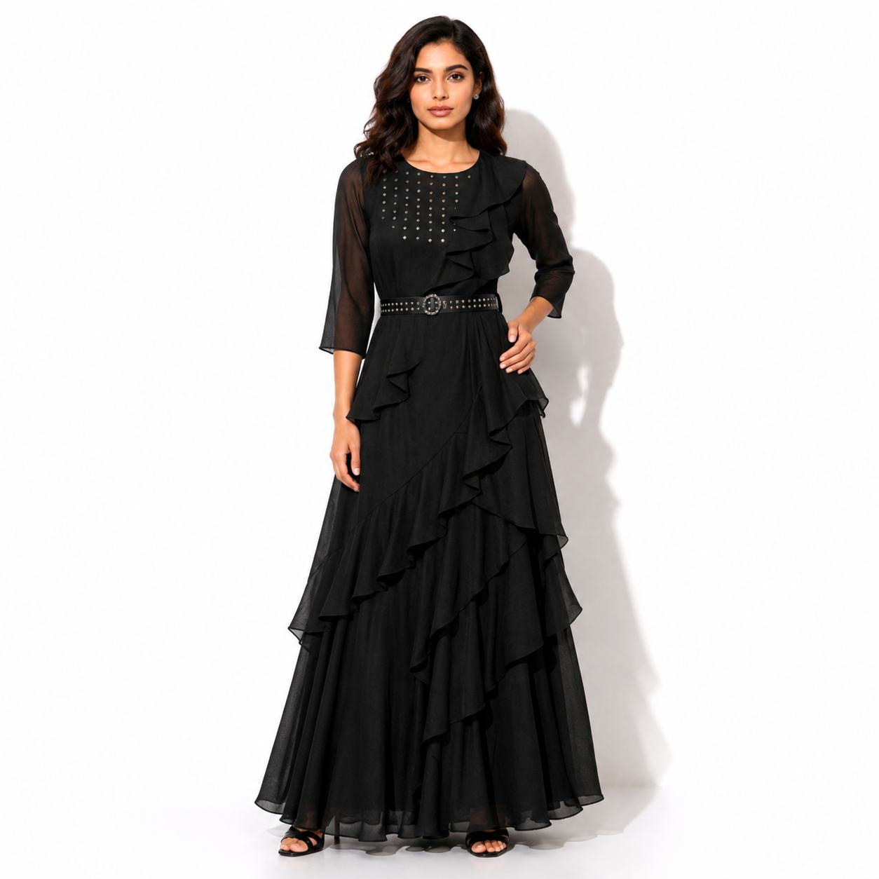 Elegant Black Ruffle Layered Maxi Gown with Studded Bodice and Belt