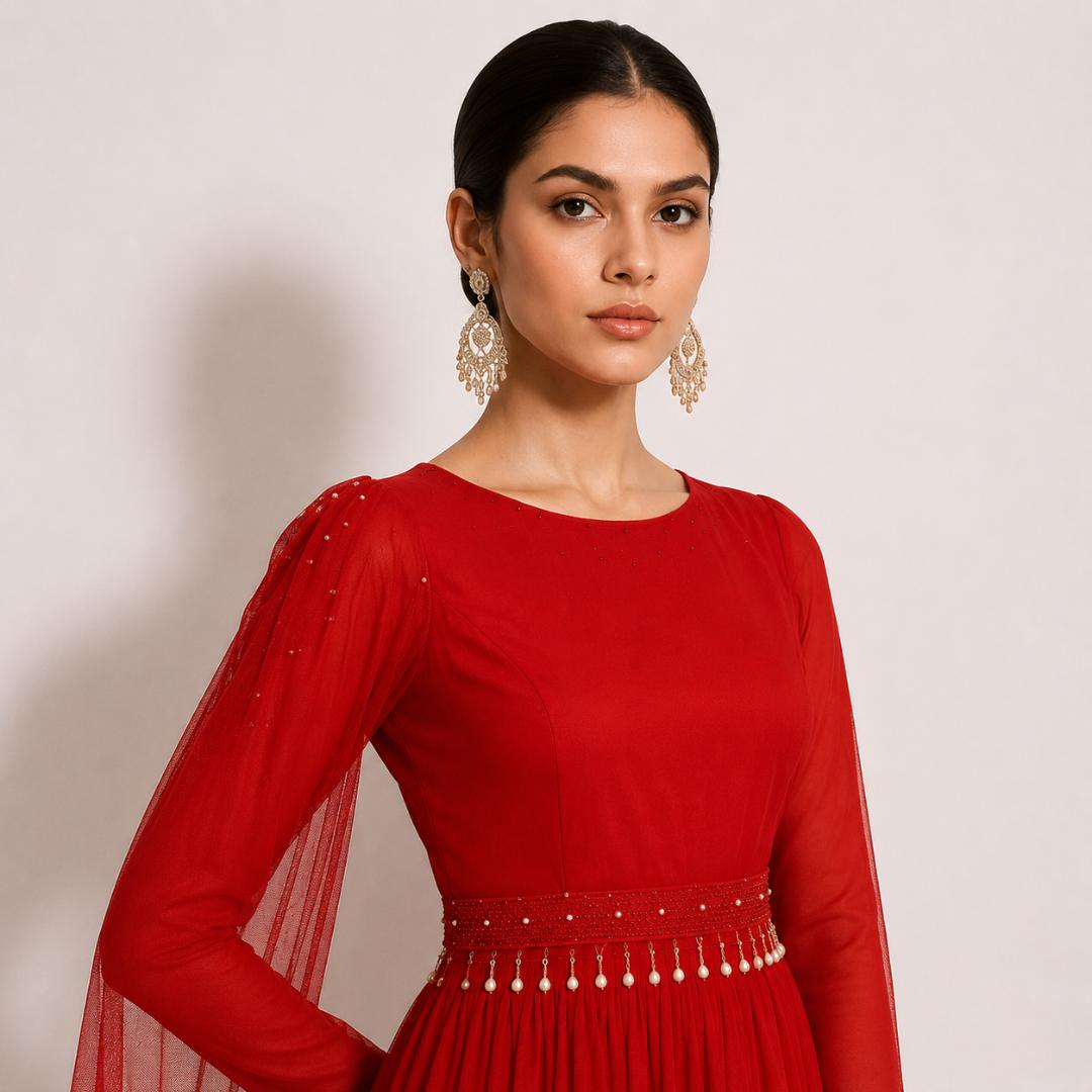 Elegant Red Cape Style Maxi Gown