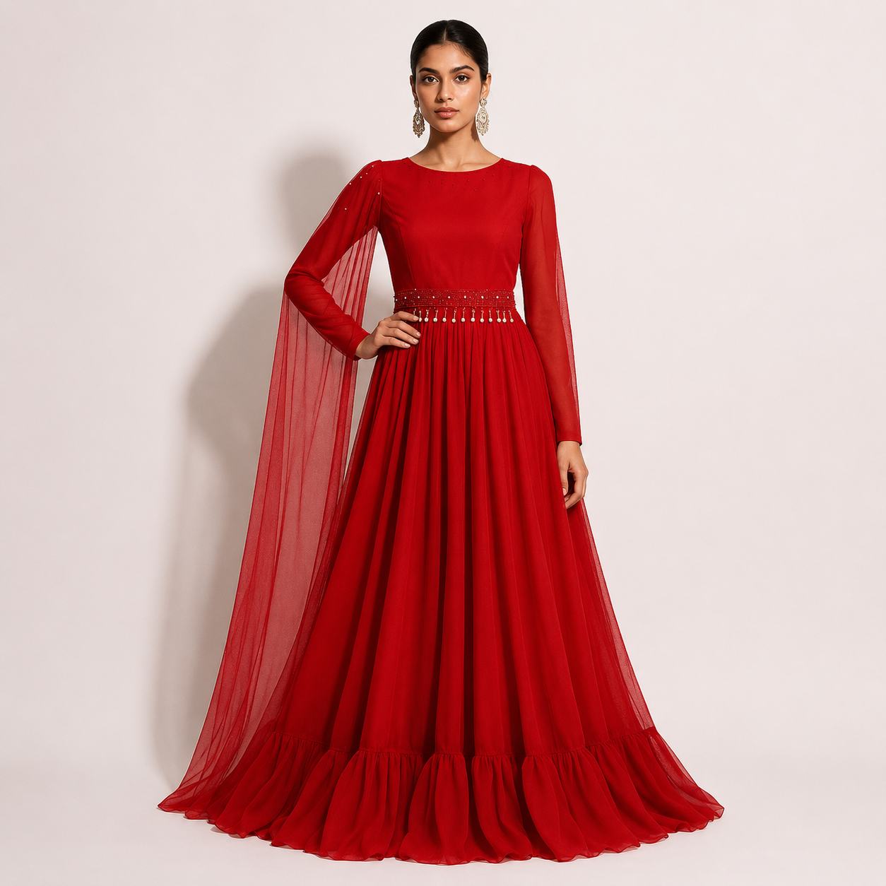 Elegant Red Cape Style Maxi Gown