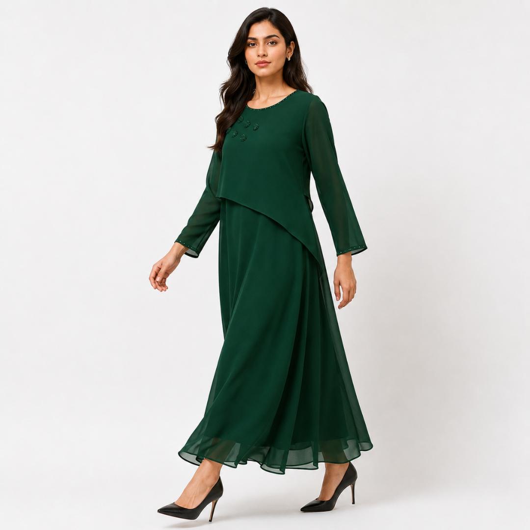 Green Maxi Dress for Women | Emerald Layered Long Dress Party Wear