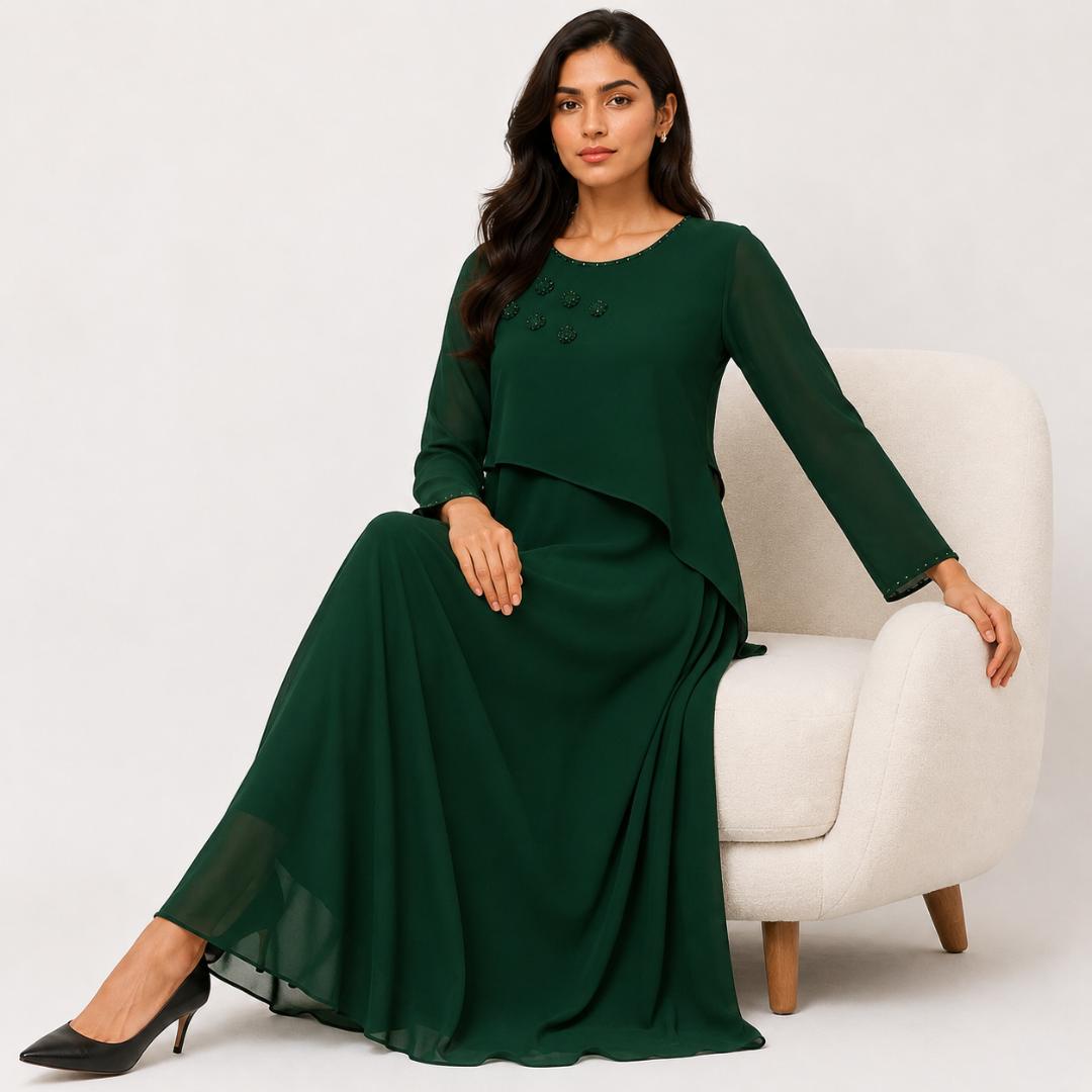 Green Maxi Dress for Women | Emerald Layered Long Dress Party Wear