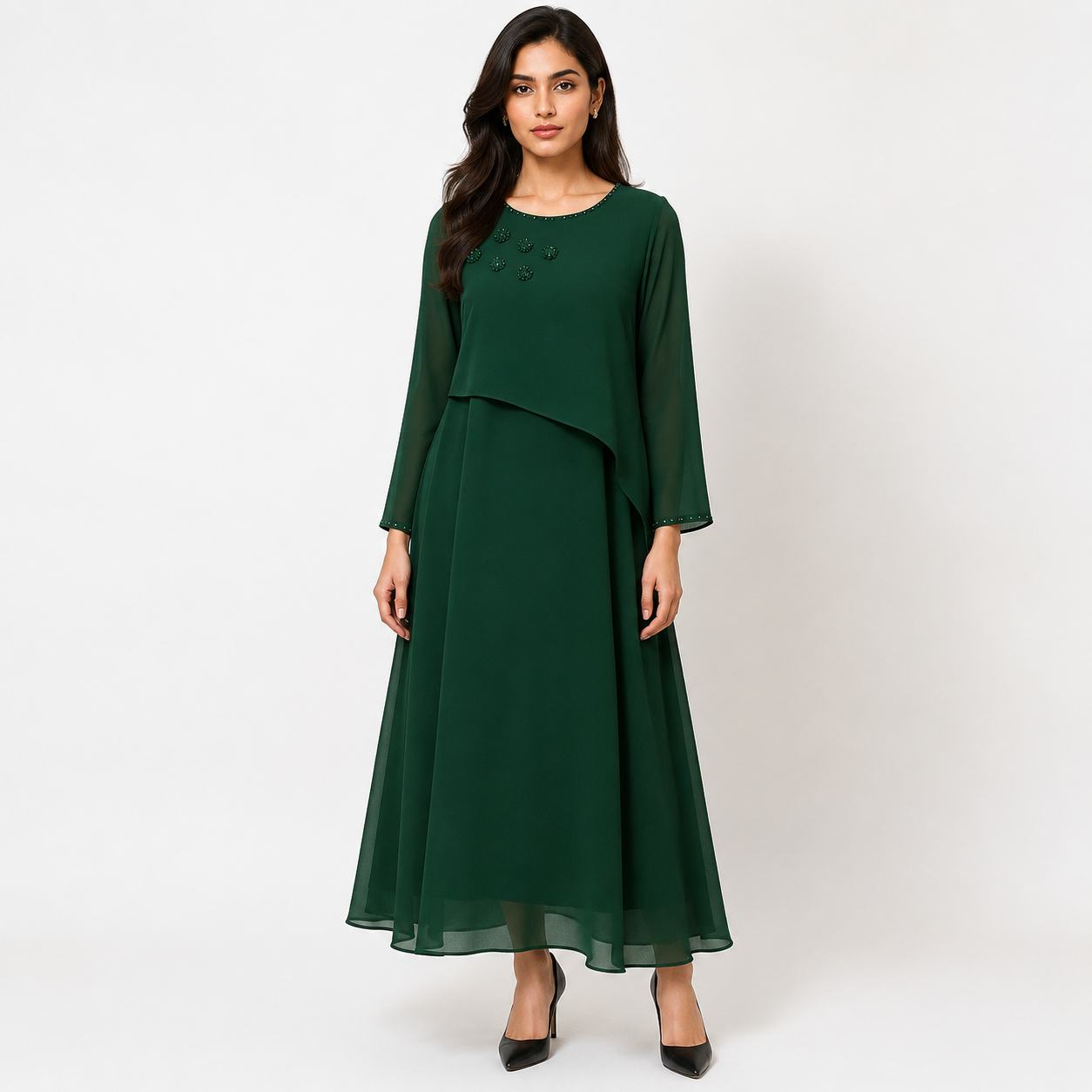 Green Maxi Dress for Women | Emerald Layered Long Dress Party Wear