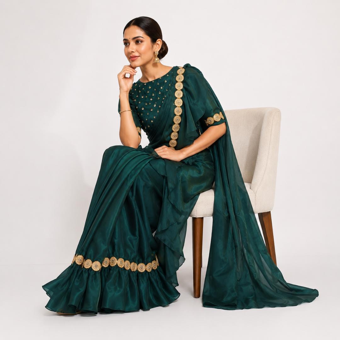 Ready to Wear Emerald Green Ruffle Saree | Party Wear Saree Online