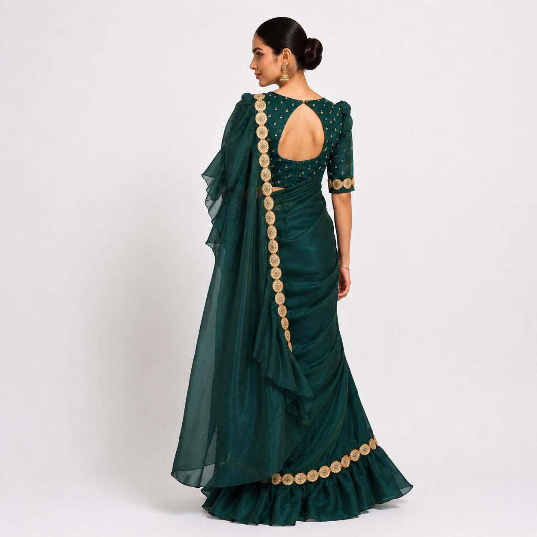 Ready to Wear Emerald Green Ruffle Saree | Party Wear Saree Online