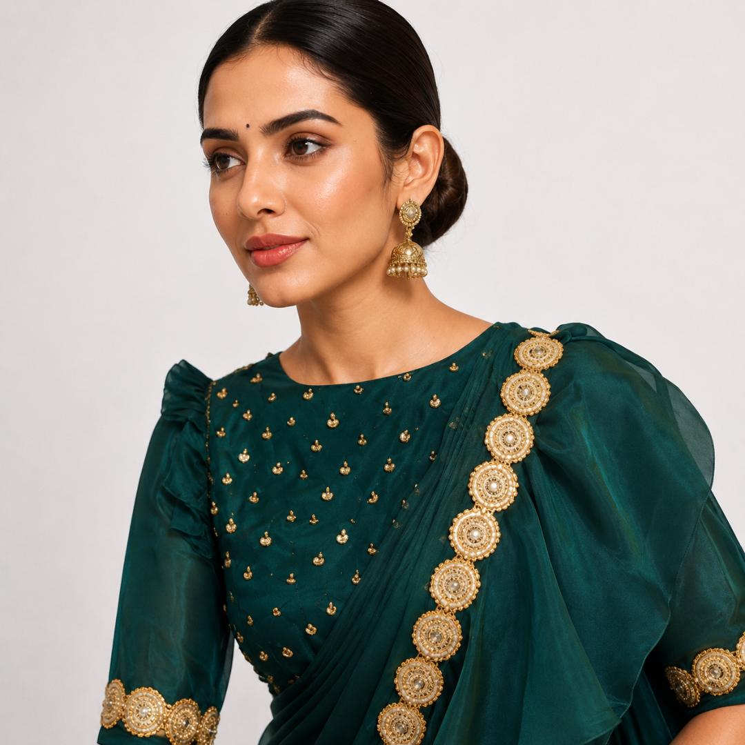 Ready to Wear Emerald Green Ruffle Saree | Party Wear Saree Online