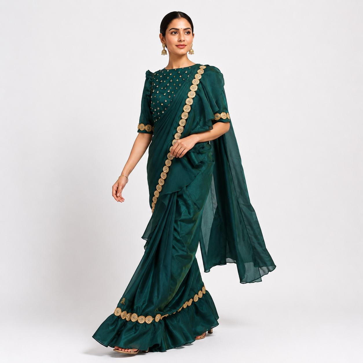 Ready to Wear Emerald Green Ruffle Saree | Party Wear Saree Online