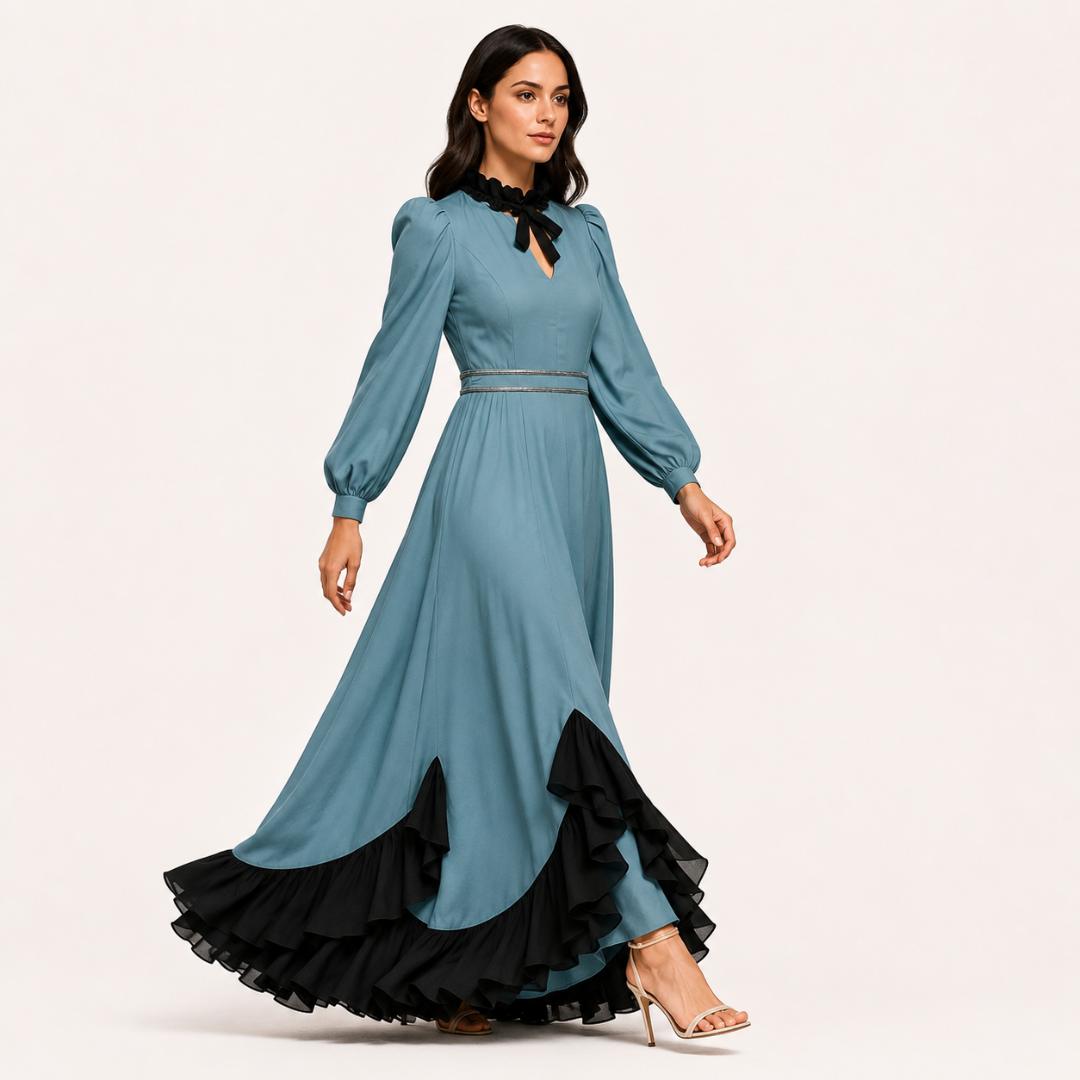 Blue Maxi Dress for Women | Keyhole Neck Bishop Sleeve Party Dress