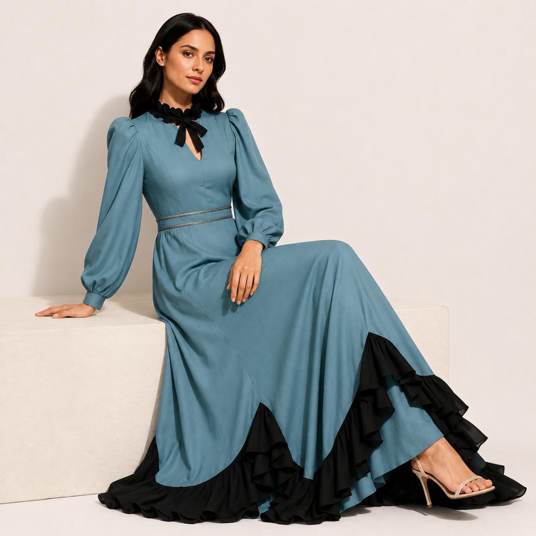Blue Maxi Dress for Women | Keyhole Neck Bishop Sleeve Party Dress