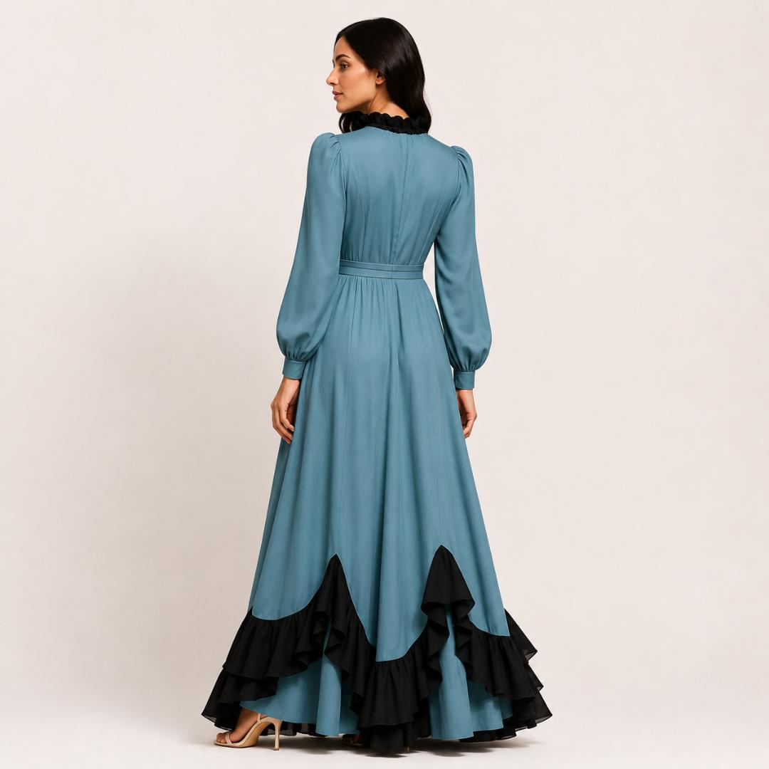 Blue Maxi Dress for Women | Keyhole Neck Bishop Sleeve Party Dress