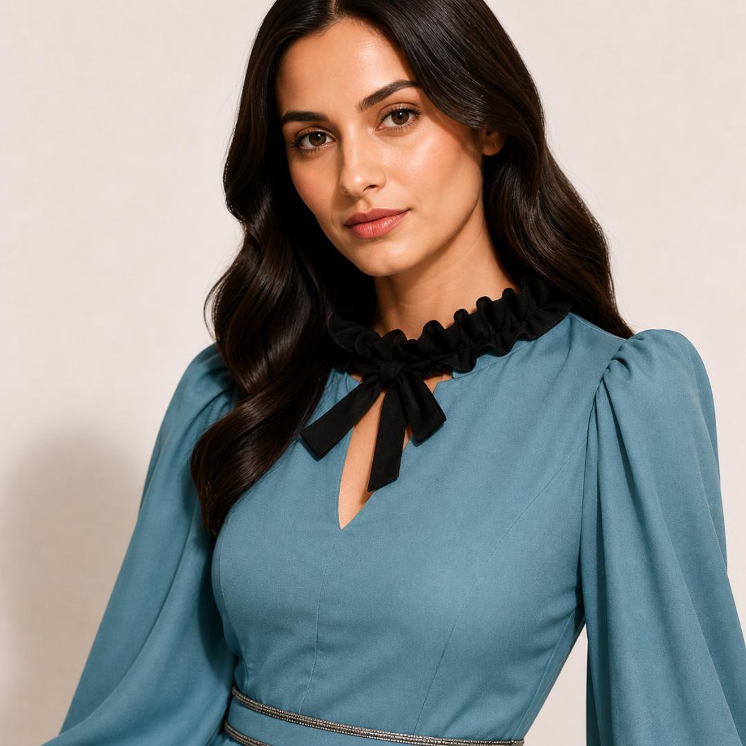 Blue Maxi Dress for Women | Keyhole Neck Bishop Sleeve Party Dress