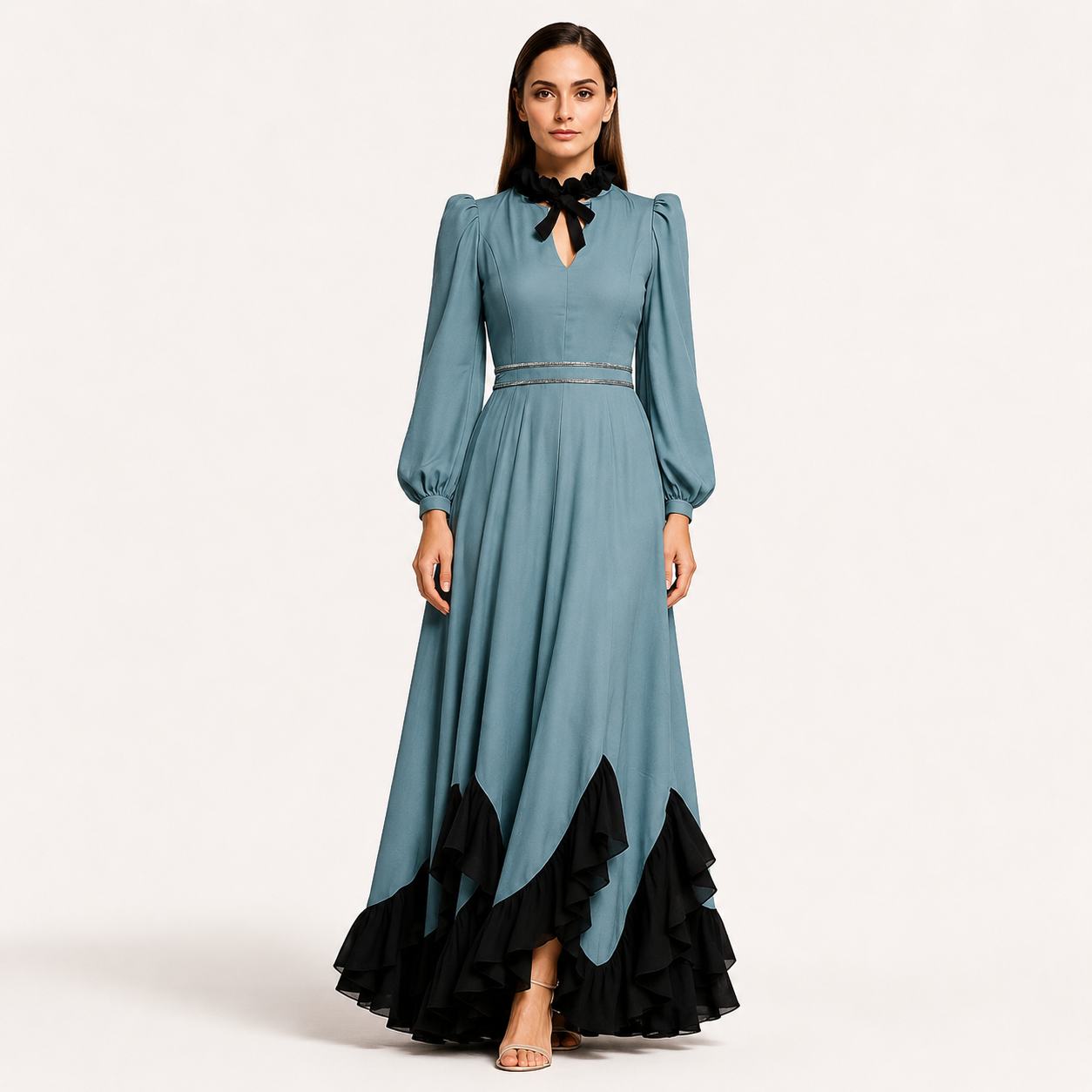 Blue Maxi Dress for Women | Keyhole Neck Bishop Sleeve Party Dress