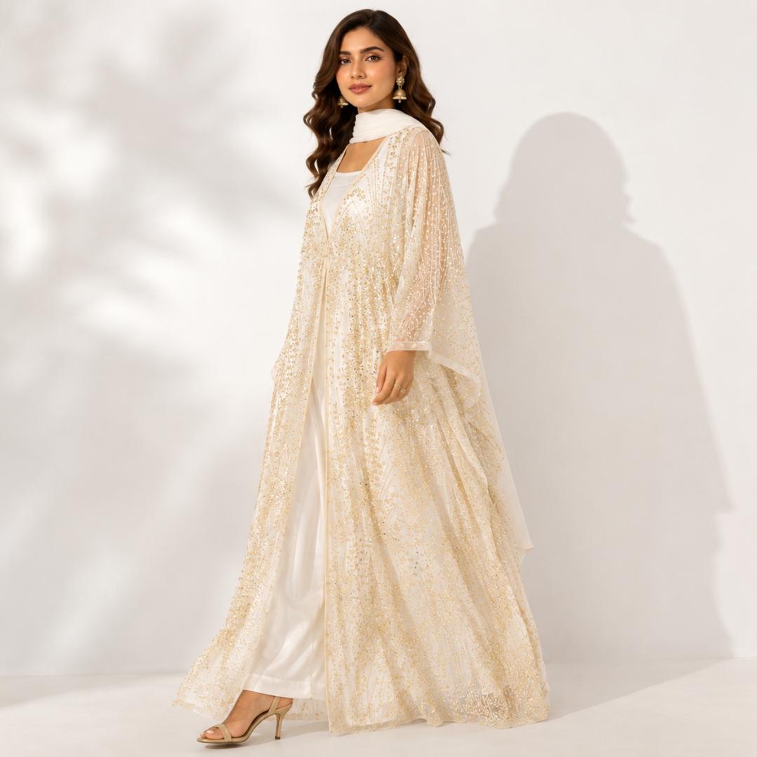 Ivory Golden Sequin Kaftan Dress for Women | Party Wear Kaftan Maxi