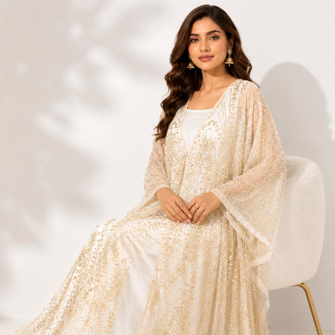 Ivory Golden Sequin Kaftan Dress for Women | Party Wear Kaftan Maxi