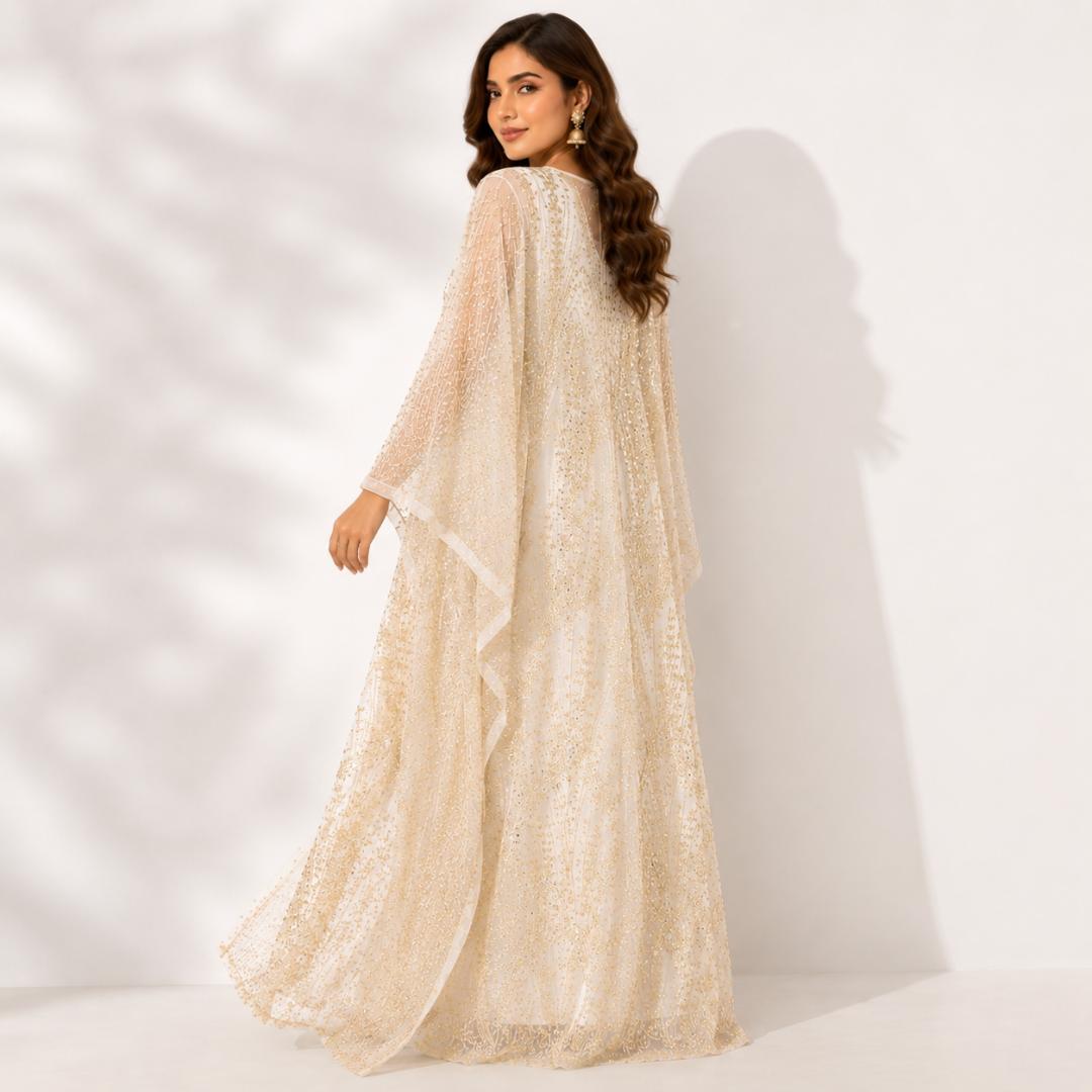 Ivory Golden Sequin Kaftan Dress for Women | Party Wear Kaftan Maxi