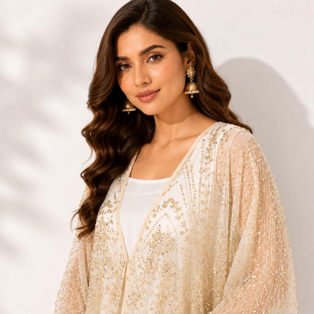 Ivory Golden Sequin Kaftan Dress for Women | Party Wear Kaftan Maxi