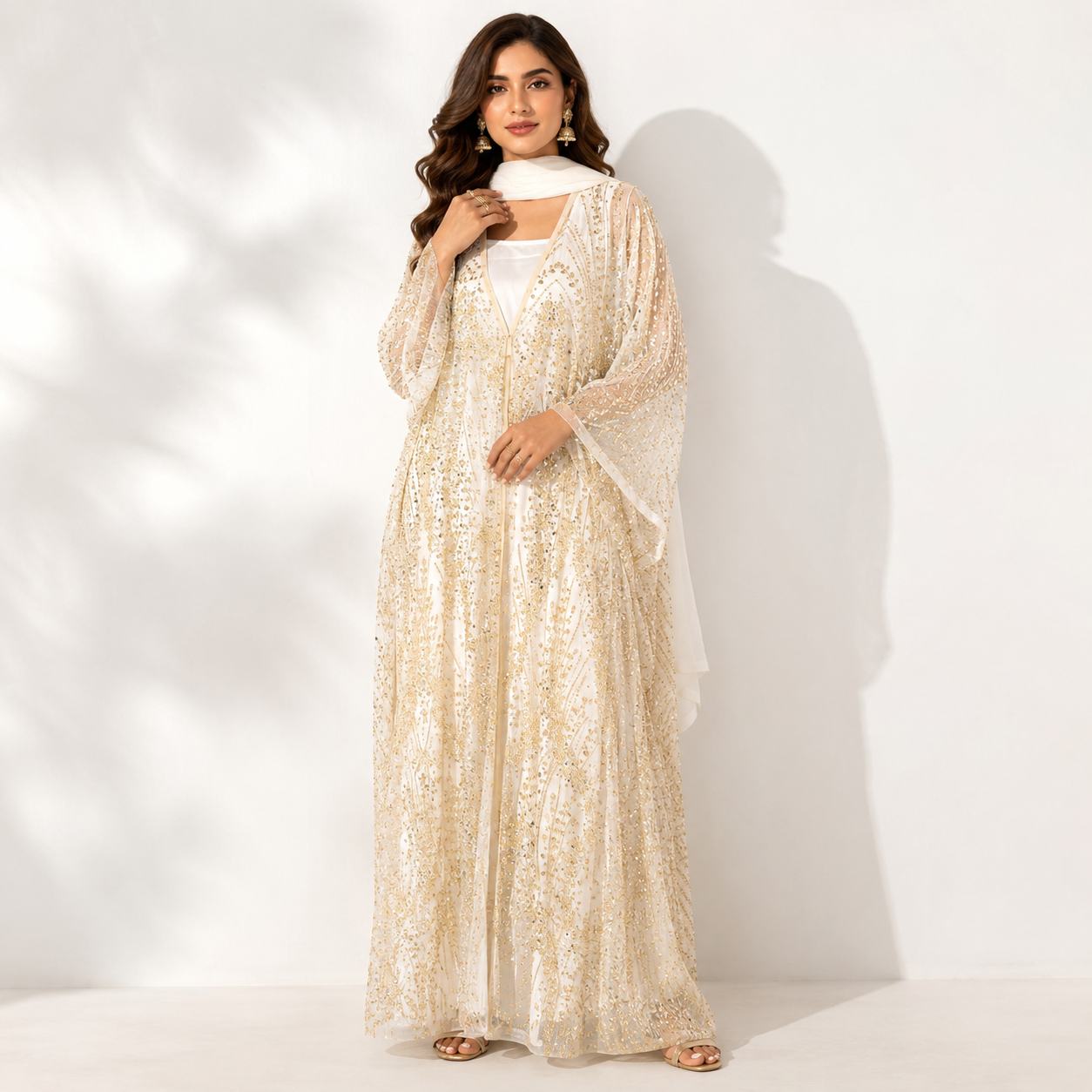 Ivory Golden Sequin Kaftan Dress for Women | Party Wear Kaftan Maxi