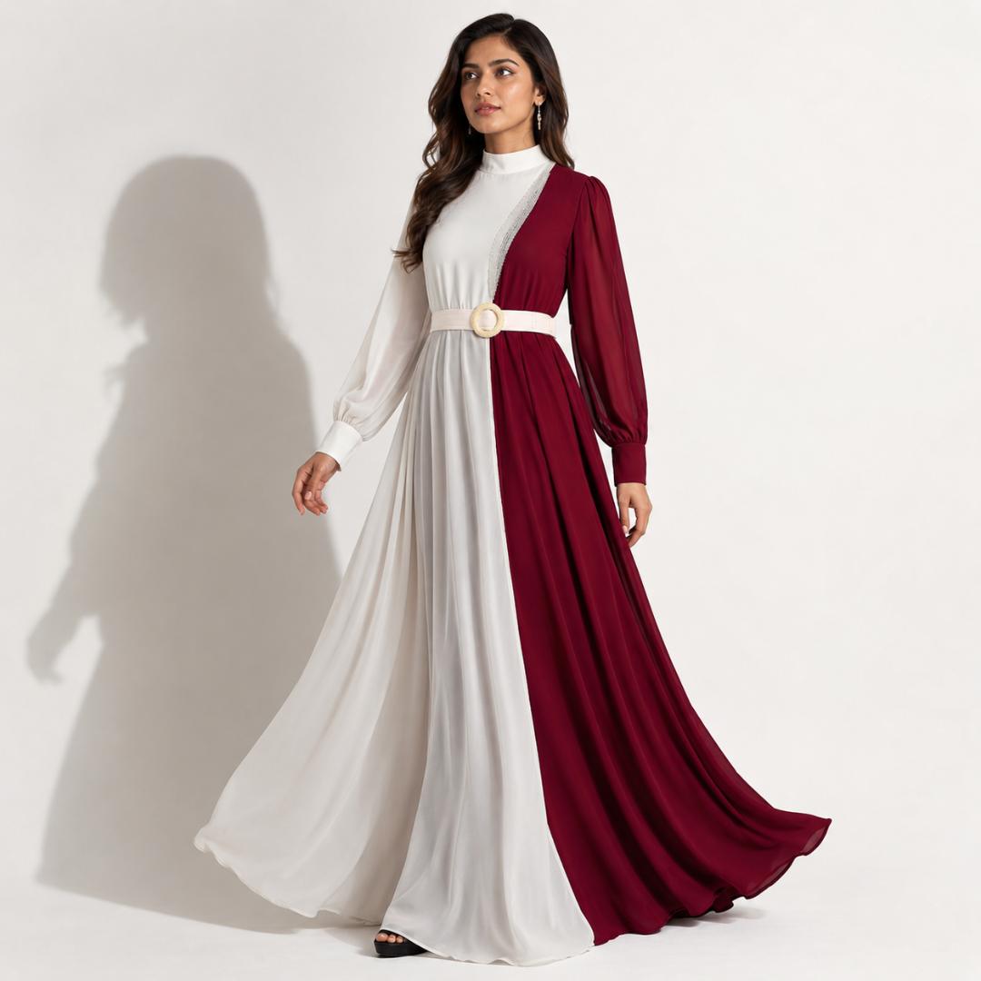 Ivory White & Burgundy Contrast Maxi Gown with Statement Belt Detail