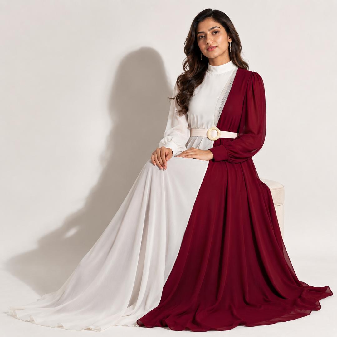 Ivory White & Burgundy Contrast Maxi Gown with Statement Belt Detail