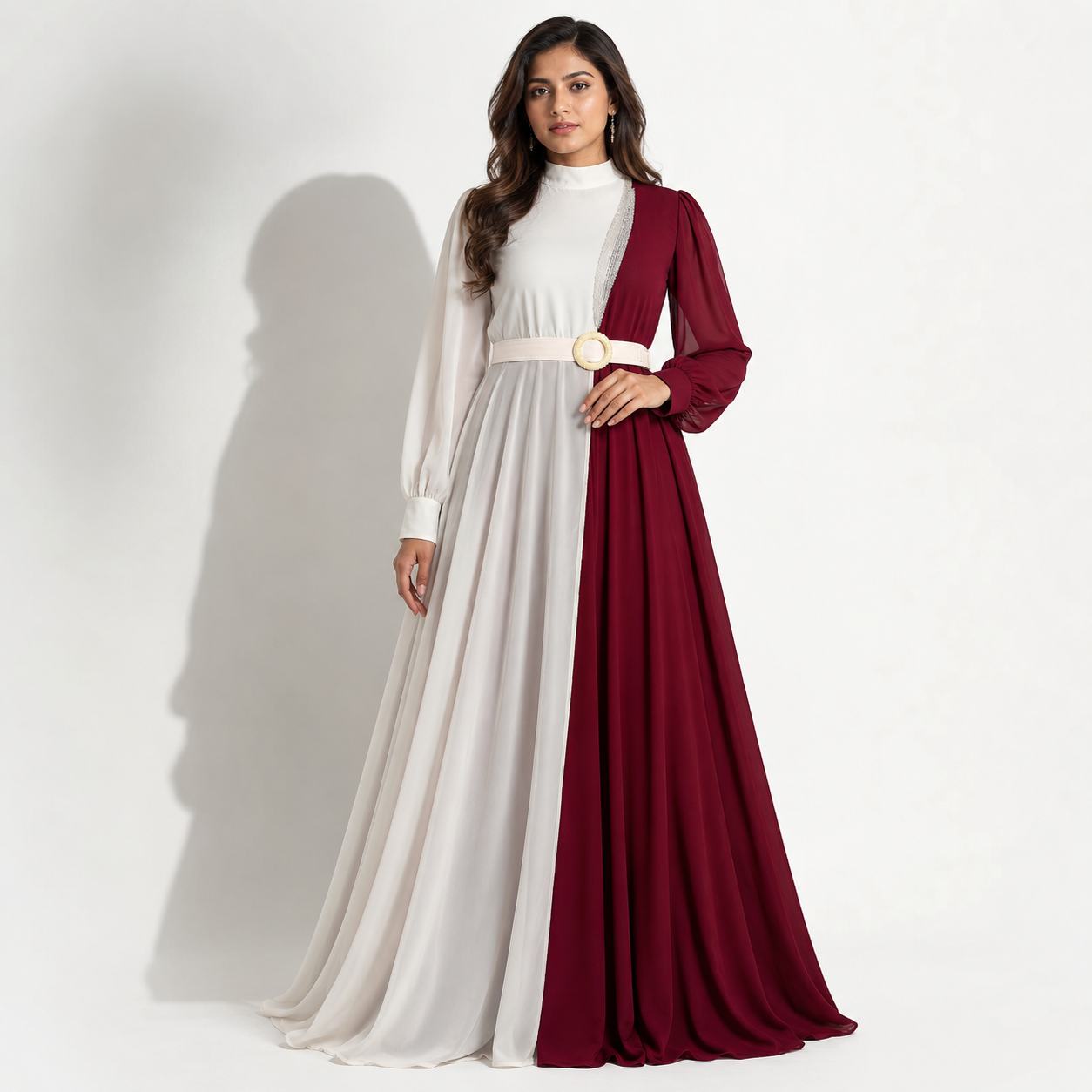 Ivory White & Burgundy Contrast Maxi Gown with Statement Belt Detail