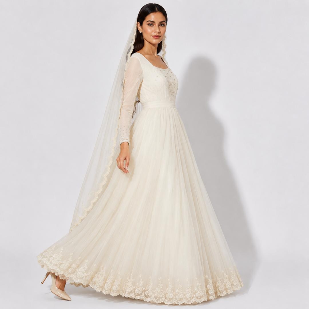Ivory White Embroidered Bridal Maxi Gown with Veil