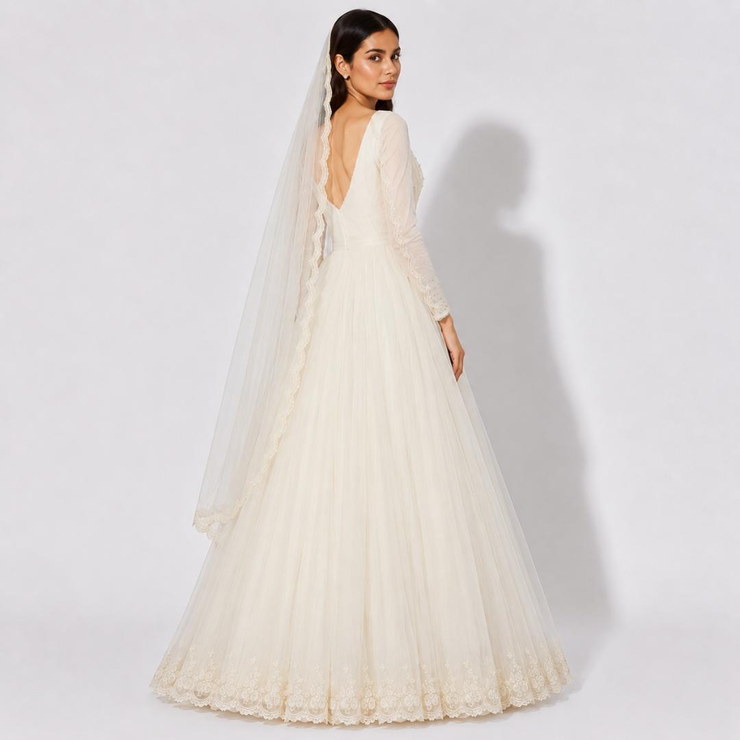 Ivory White Embroidered Bridal Maxi Gown with Veil