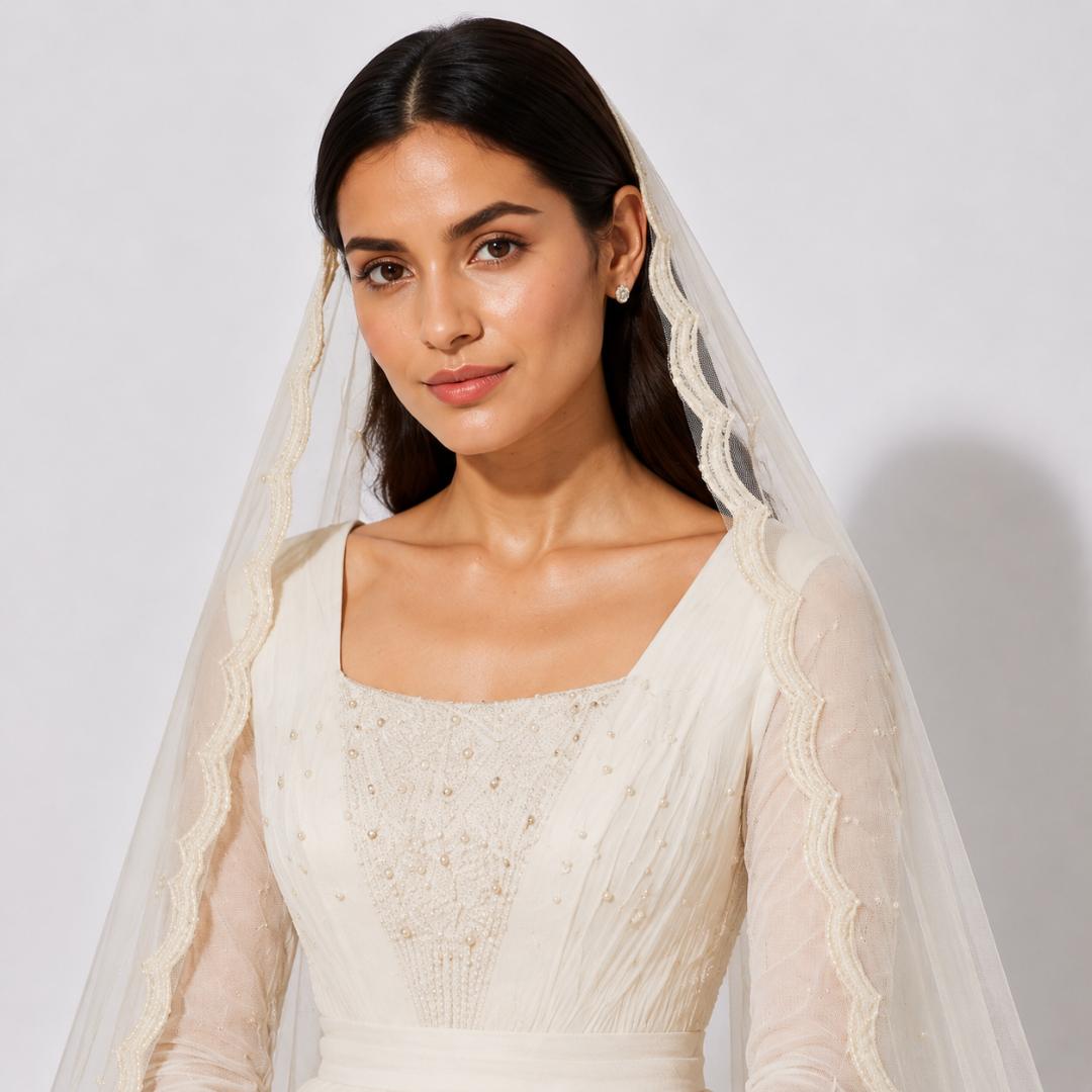 Ivory White Embroidered Bridal Maxi Gown with Veil