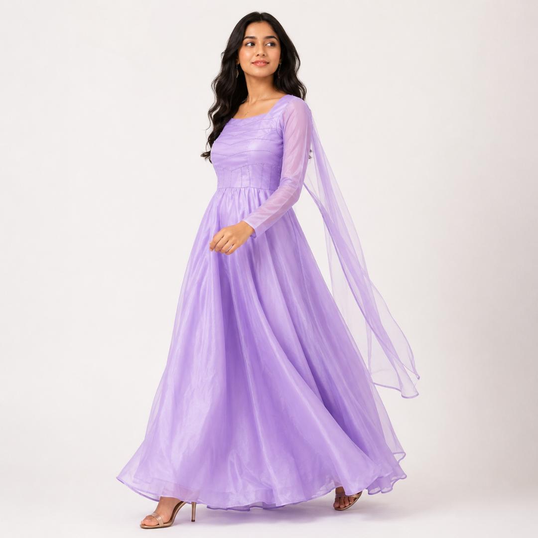 Lavender Gown for Women | Cape Sleeve Party Wear Long Gown Wedding
