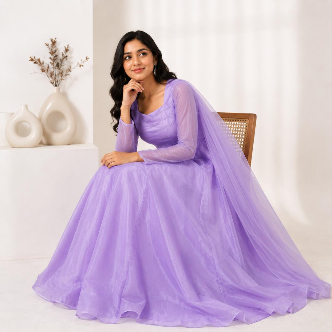 Lavender Gown for Women | Cape Sleeve Party Wear Long Gown Wedding