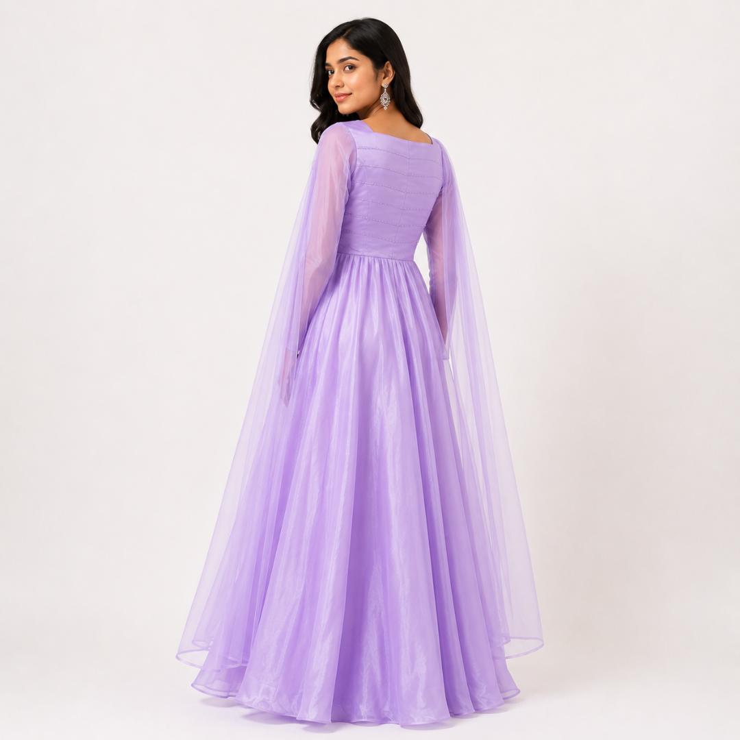Lavender Gown for Women | Cape Sleeve Party Wear Long Gown Wedding