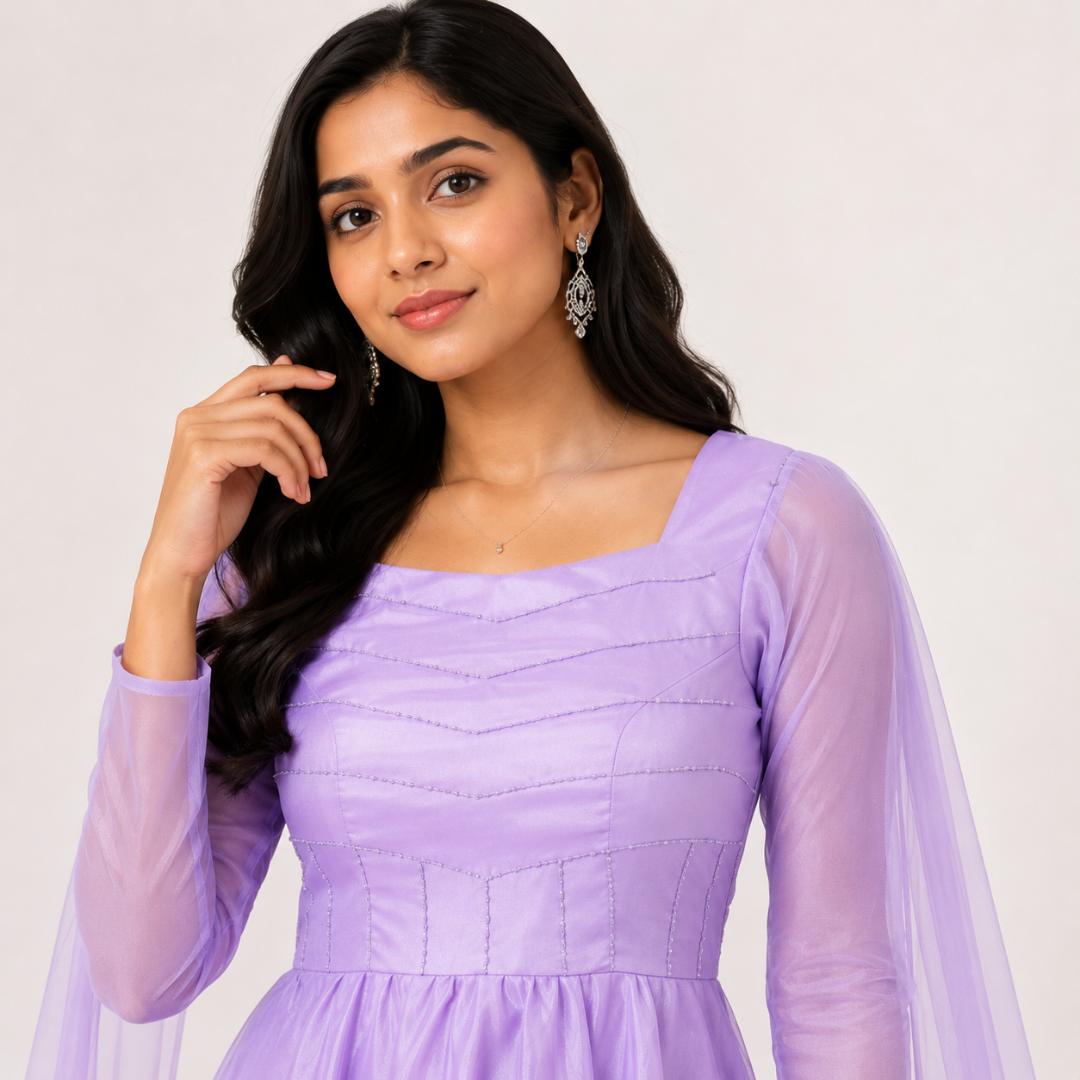 Lavender Gown for Women | Cape Sleeve Party Wear Long Gown Wedding