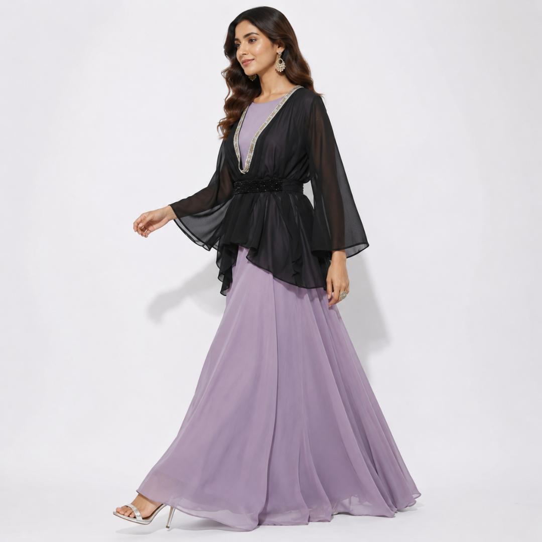Lavender Maxi Gown for Women | Cape Overlay Evening Party Wear Gown