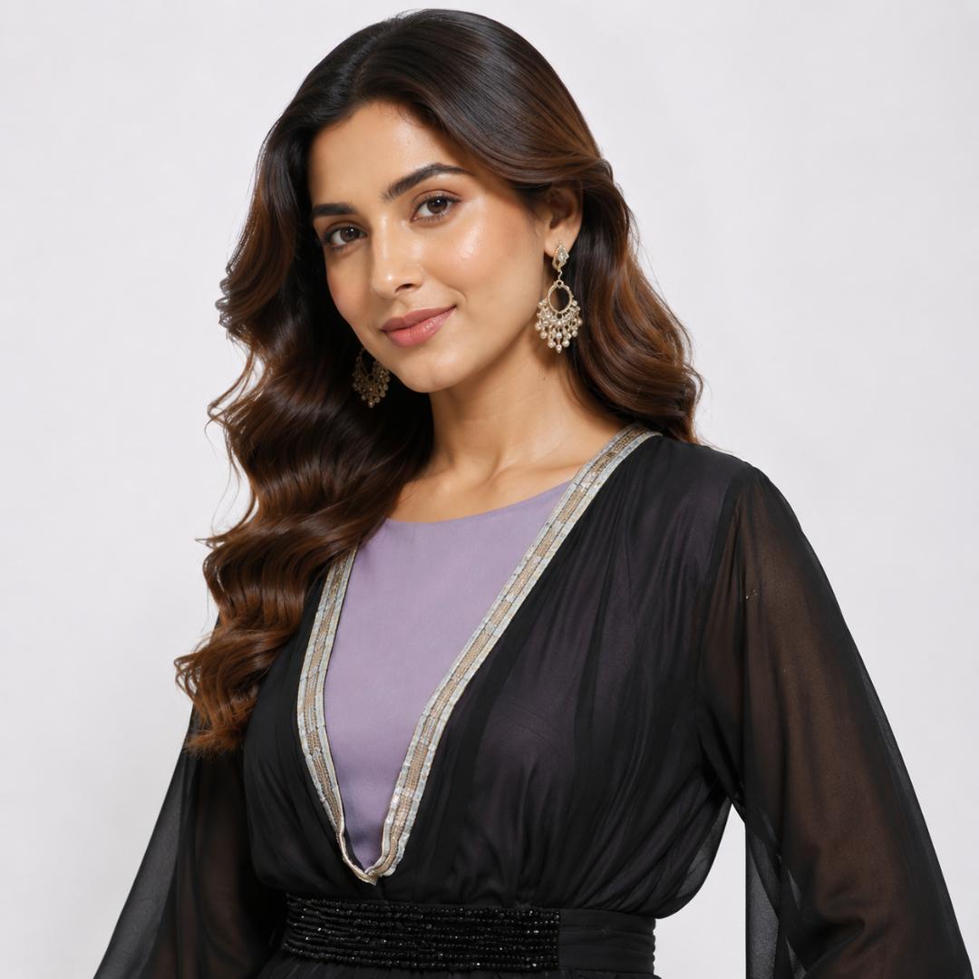Lavender Maxi Gown for Women | Cape Overlay Evening Party Wear Gown