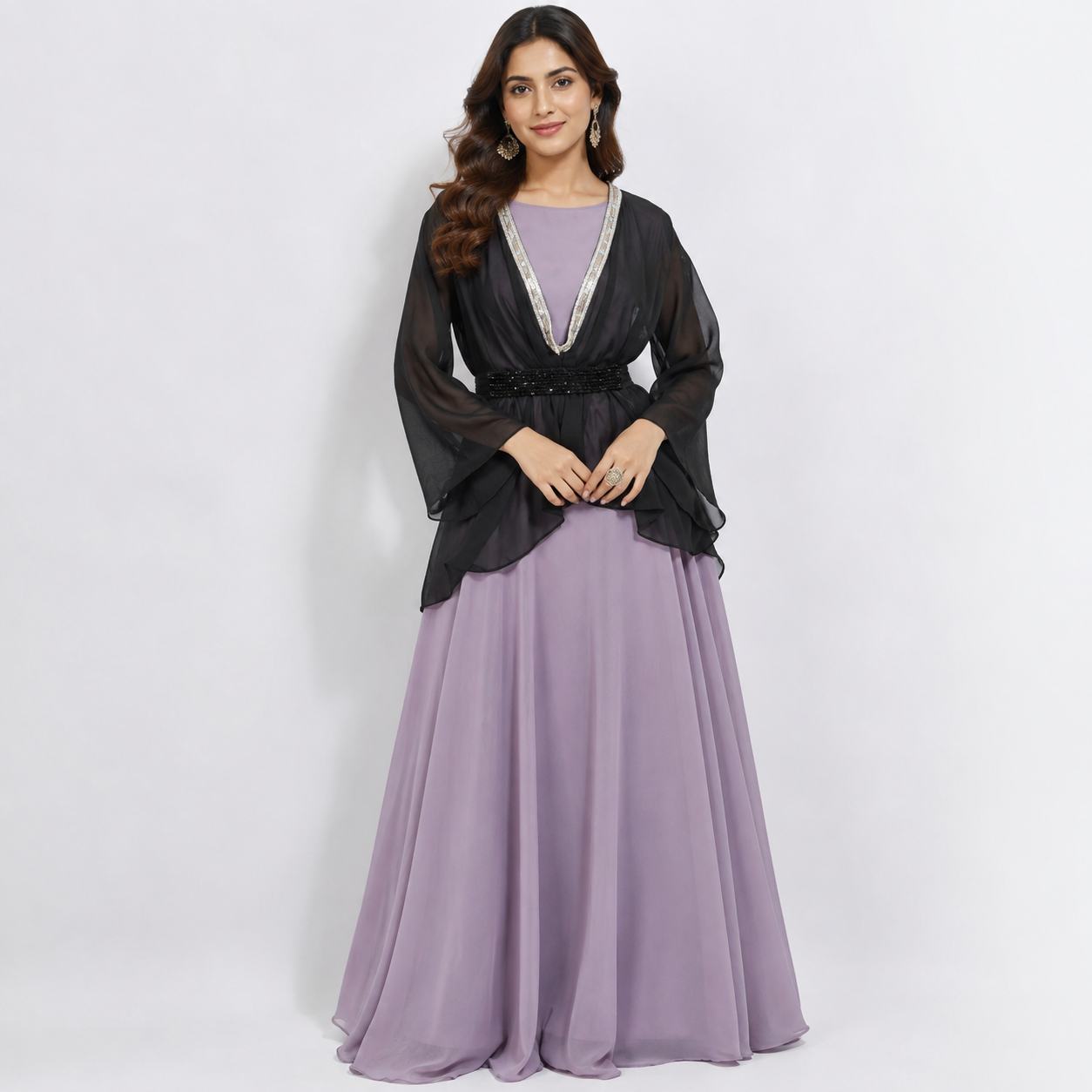 Lavender Maxi Gown for Women | Cape Overlay Evening Party Wear Gown