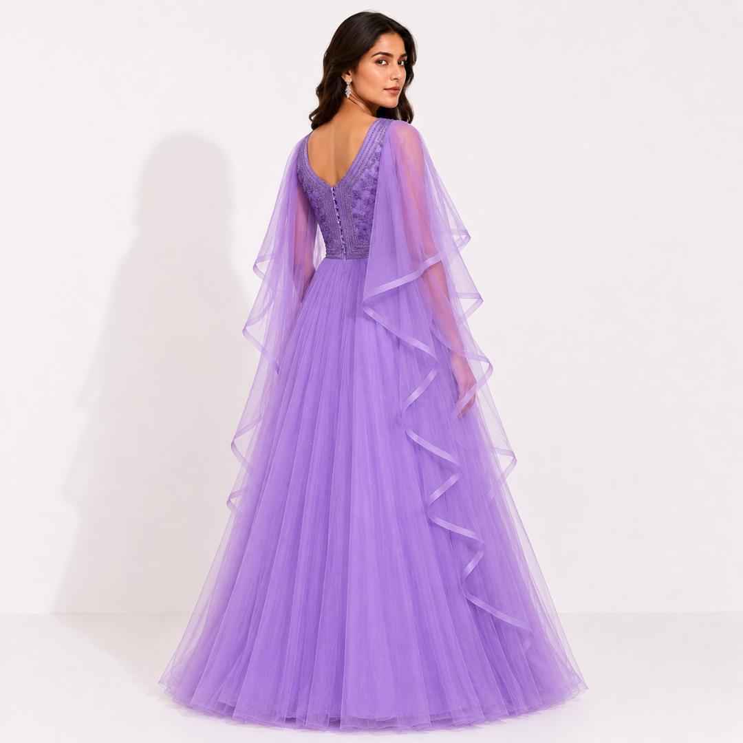 Lavender Ruffle Cape Maxi Gown
