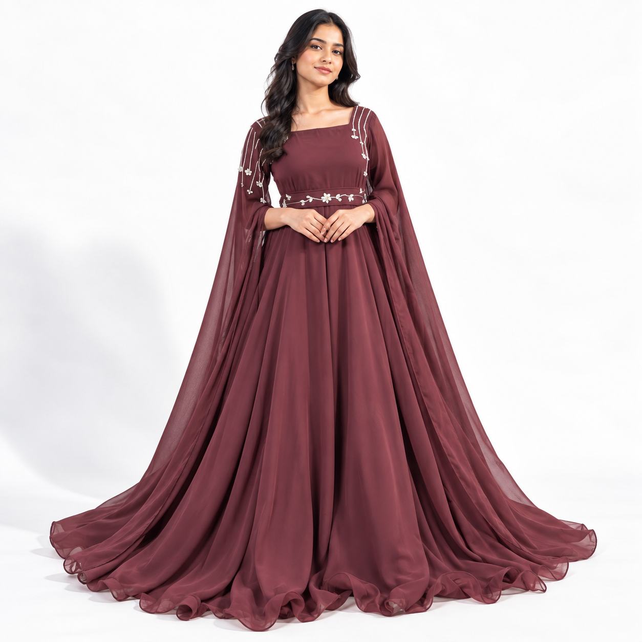 Maroon Floral Embroidered Cape Sleeve Gown for Women
