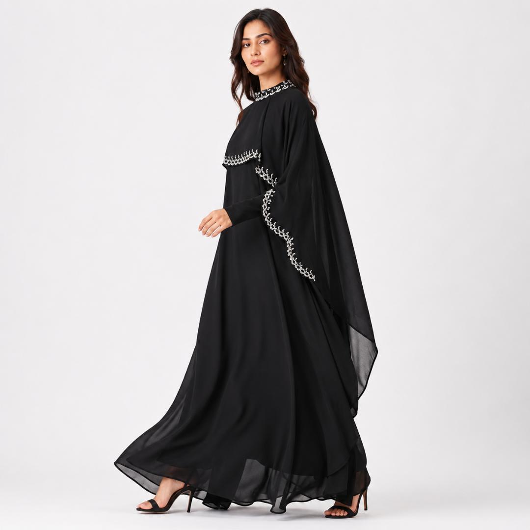 Black Cape Abaya Gown for Women | Silver Sequin Modest Dress Eid