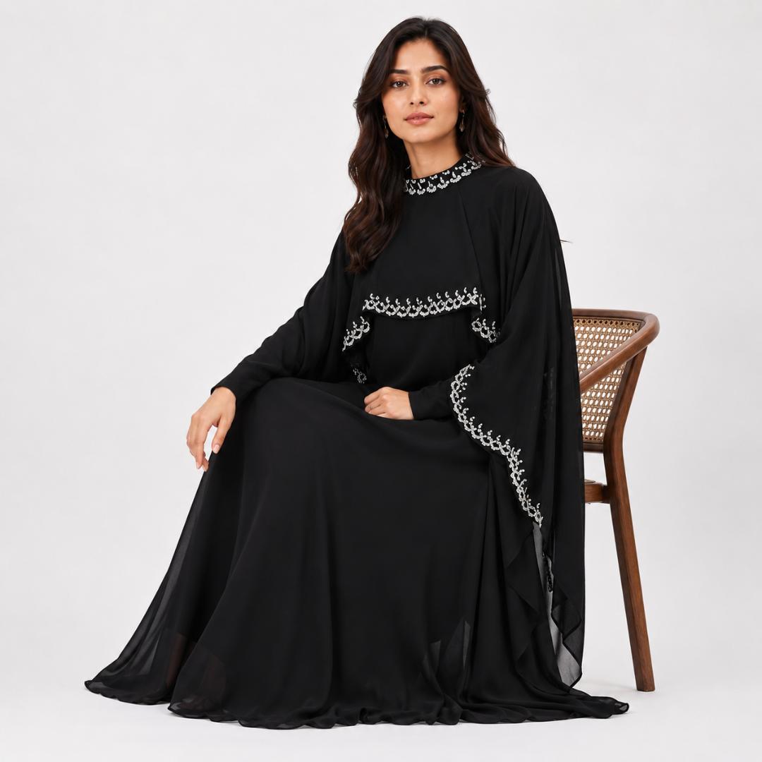 Black Cape Abaya Gown for Women | Silver Sequin Modest Dress Eid