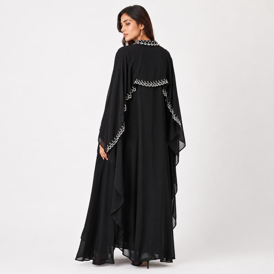 Black Cape Abaya Gown for Women | Silver Sequin Modest Dress Eid