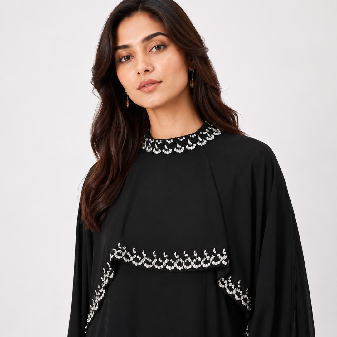Black Cape Abaya Gown for Women | Silver Sequin Modest Dress Eid