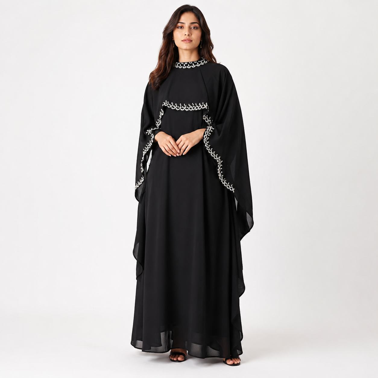 Black Cape Abaya Gown for Women | Silver Sequin Modest Dress Eid