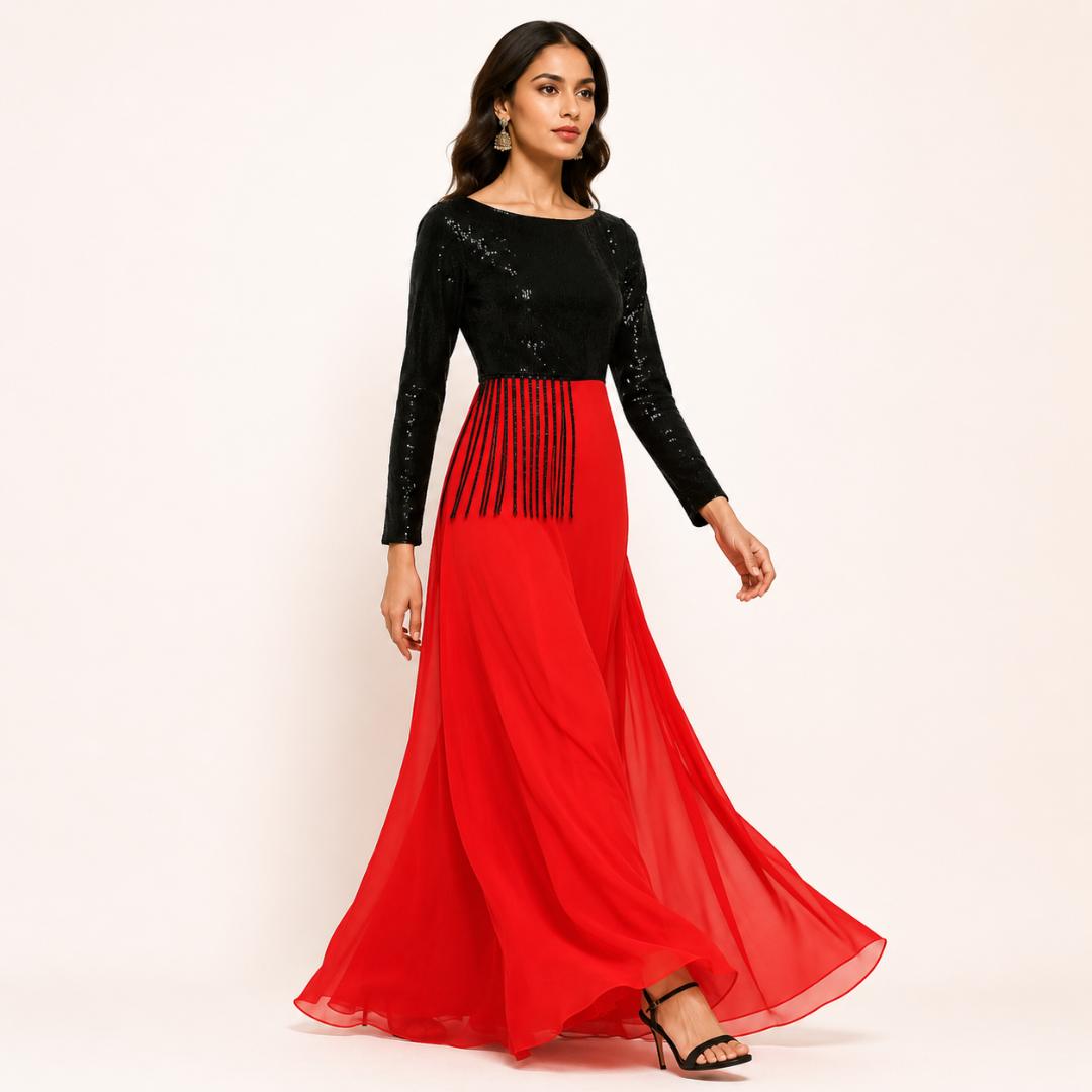 Black Sequin Dress for Women | Red Maxi Party Wear Evening Dress