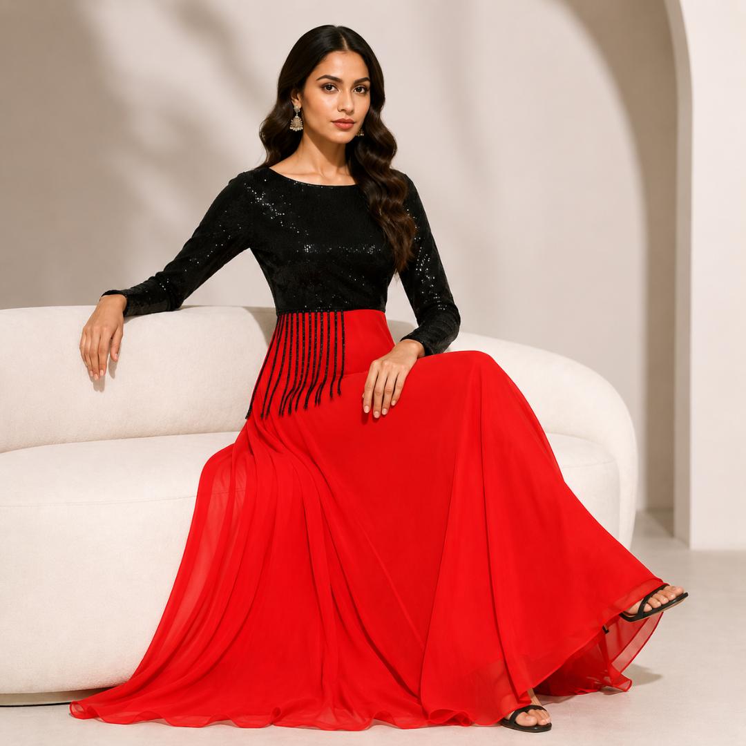 Black Sequin Dress for Women | Red Maxi Party Wear Evening Dress