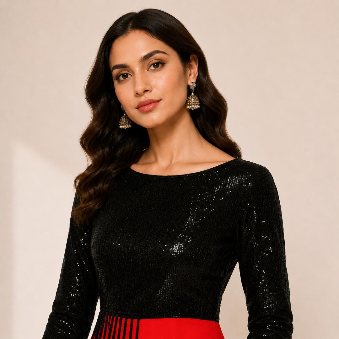 Black Sequin Dress for Women | Red Maxi Party Wear Evening Dress