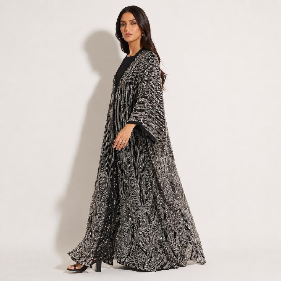Black Sequin Kaftan Dress for Women | Silver Party Wear Kaftan Maxi