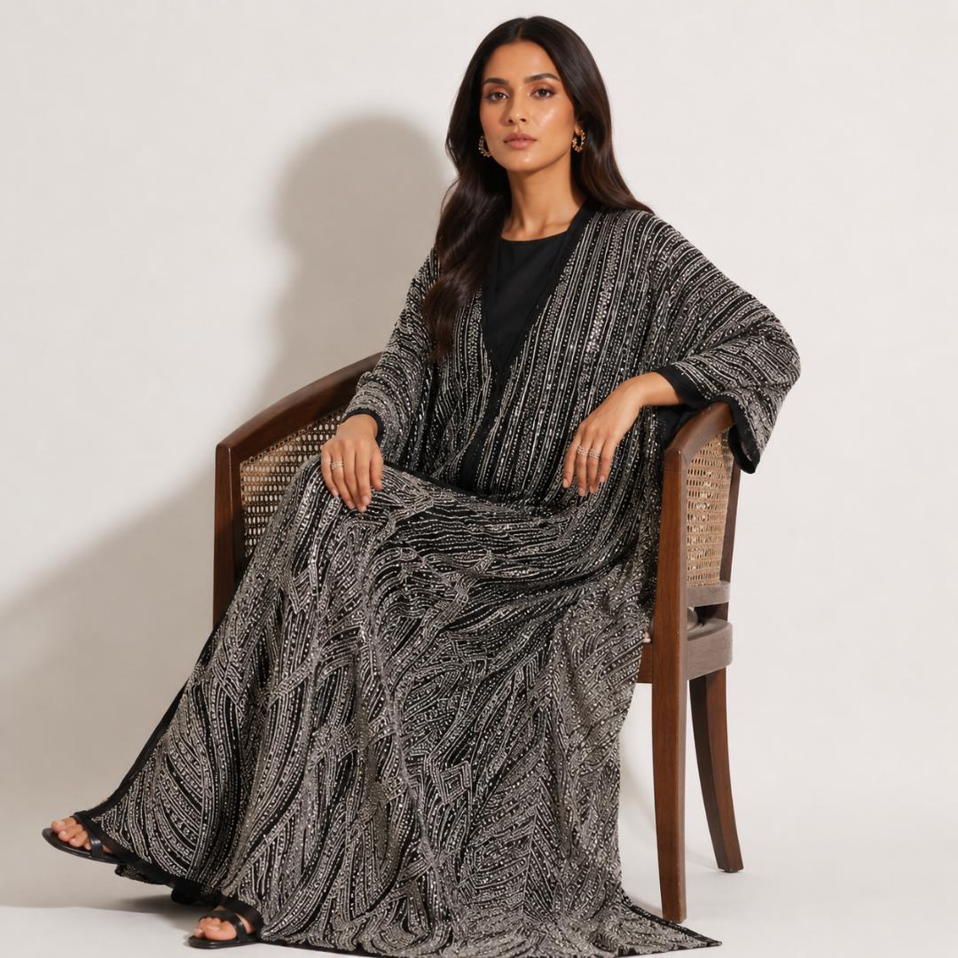 Black Sequin Kaftan Dress for Women | Silver Party Wear Kaftan Maxi