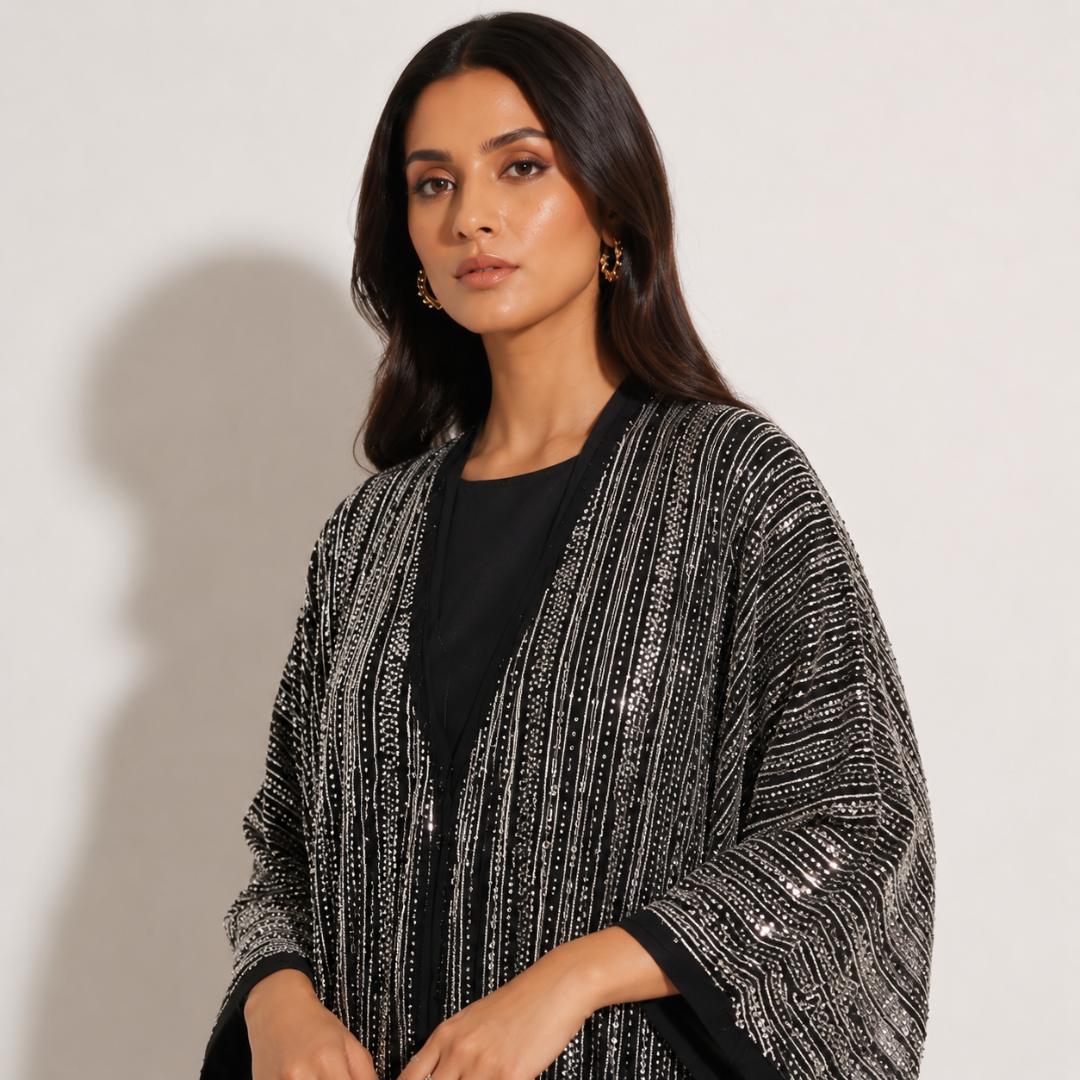 Black Sequin Kaftan Dress for Women | Silver Party Wear Kaftan Maxi