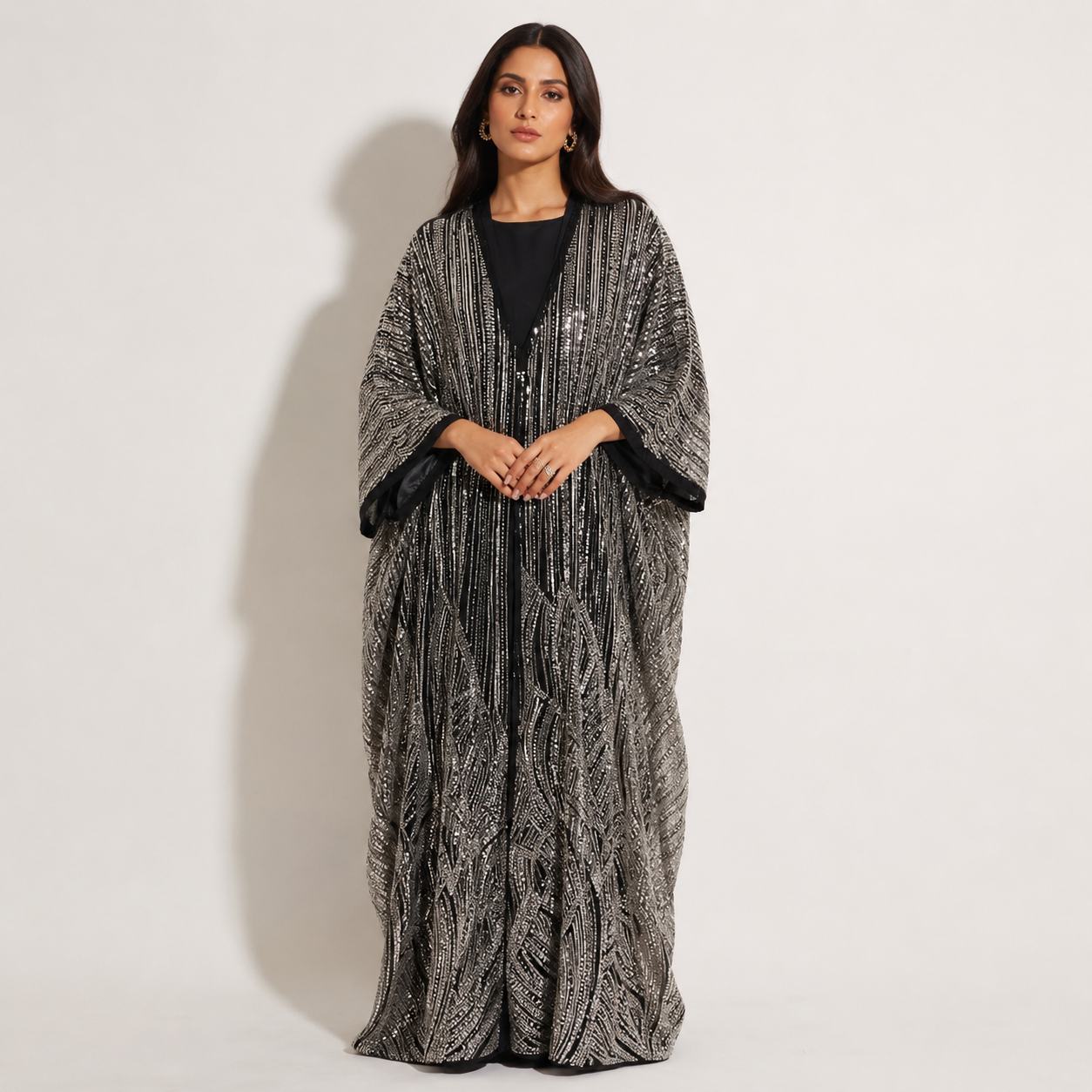 Black Sequin Kaftan Dress for Women | Silver Party Wear Kaftan Maxi