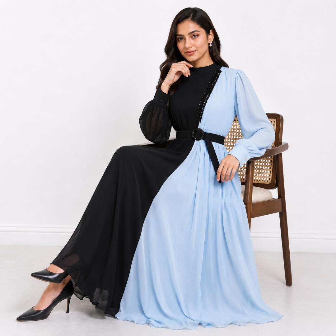 Black Blue Gown for Women | Dual Tone Long Gown Party Wear with Belt